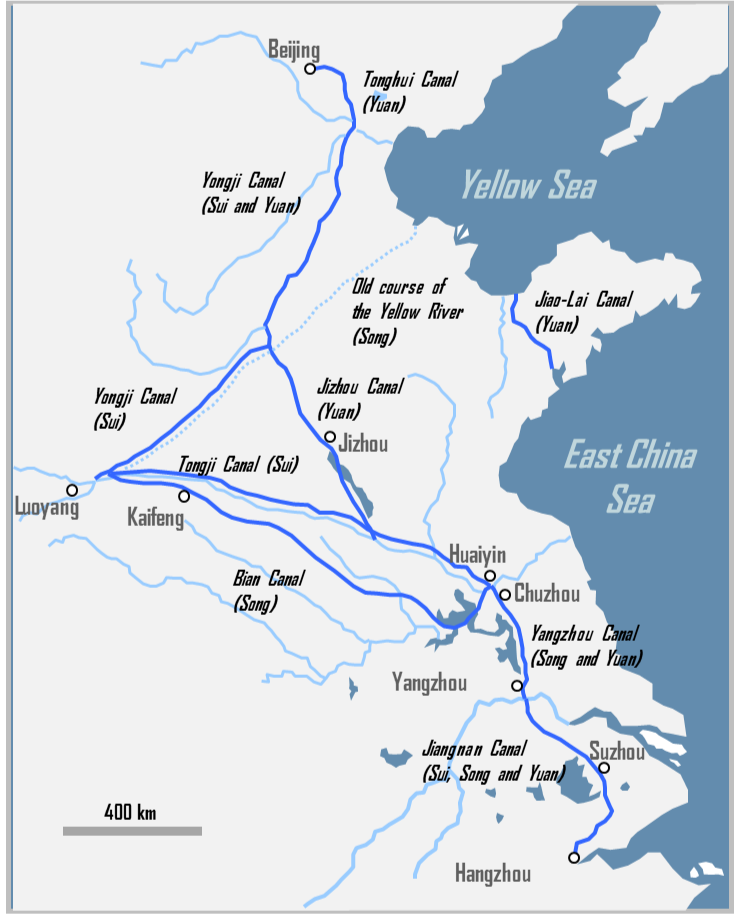 The Grand Canal system (Da Yun He) funkcjonował w latach 1368-1644); całkowita długość: 2500 kilometrów; w czasach rozkwitu (15-16 wiek) corocznie wożono 400 tys.