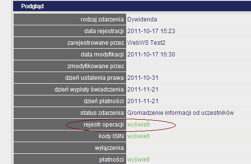 Rejestr Operacji Rejestr operacji dostępny jest w podglądzie zdarzenia: Rys.