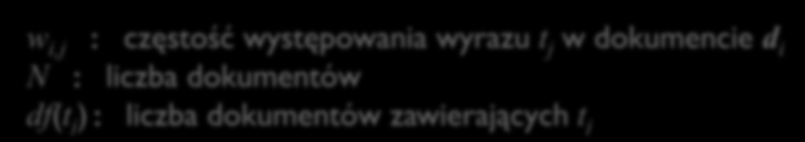 Model wektorowy dokumentów T={t 1,,t n } zbiór wybranych wyrazów (słów, fraz) Dokument d i = [w i,1,,w i,n ] gdzie w i,j jest wagą wyrazu t j w dokumencie d i Schemat