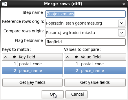 Natomiast jako własność Compare rows origin: wskażmy źródło, która dostarcza najnowszy obraz danych (Posortuj wg kodu i miasta).