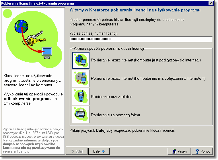 2 Instalowanie programu Pobieranie licencji na użytkowanie programu. Następnie wybierz sposób pobierania klucza licencji.