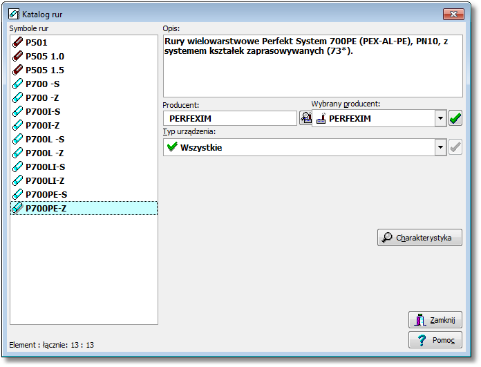 Perfexim C.O. 3.8 9.1.27 Katalog rur - dialog Dialog służy do wyboru symbolu katalogowego rur.