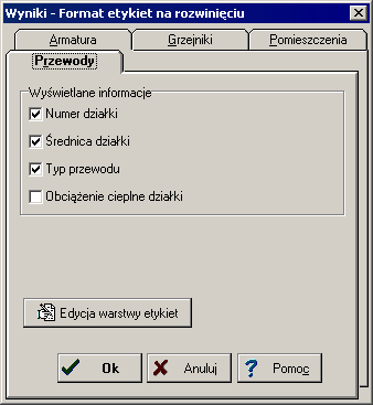 9 Załączniki 9.1.61 Wyniki - Format etykiet elementów rysunku - dialog Dialog umożliwia ustalenie wyglądu etykiet związanych z elementami instalacji 372 na rozwinięciu z wynikami obliczeń.