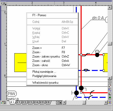 4 Wprowadzanie danych Fragment okna Dane - Rysunki z wywołanym menu szybkiego dostępu W kolejnych w podpunktach omówiono kolejne etapu procesu rysowania rozwinięcia instalacji oraz wprowadzania