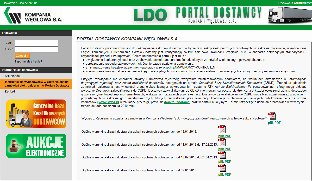 Ekran główny Portalu Dostawcy Ekran startowy portalu dostawcy LDO został przedstawiony poniżej: 1. Nagłówek zawiera aktualną datę oraz informacje o zalogowanym użytkowniku, 2.