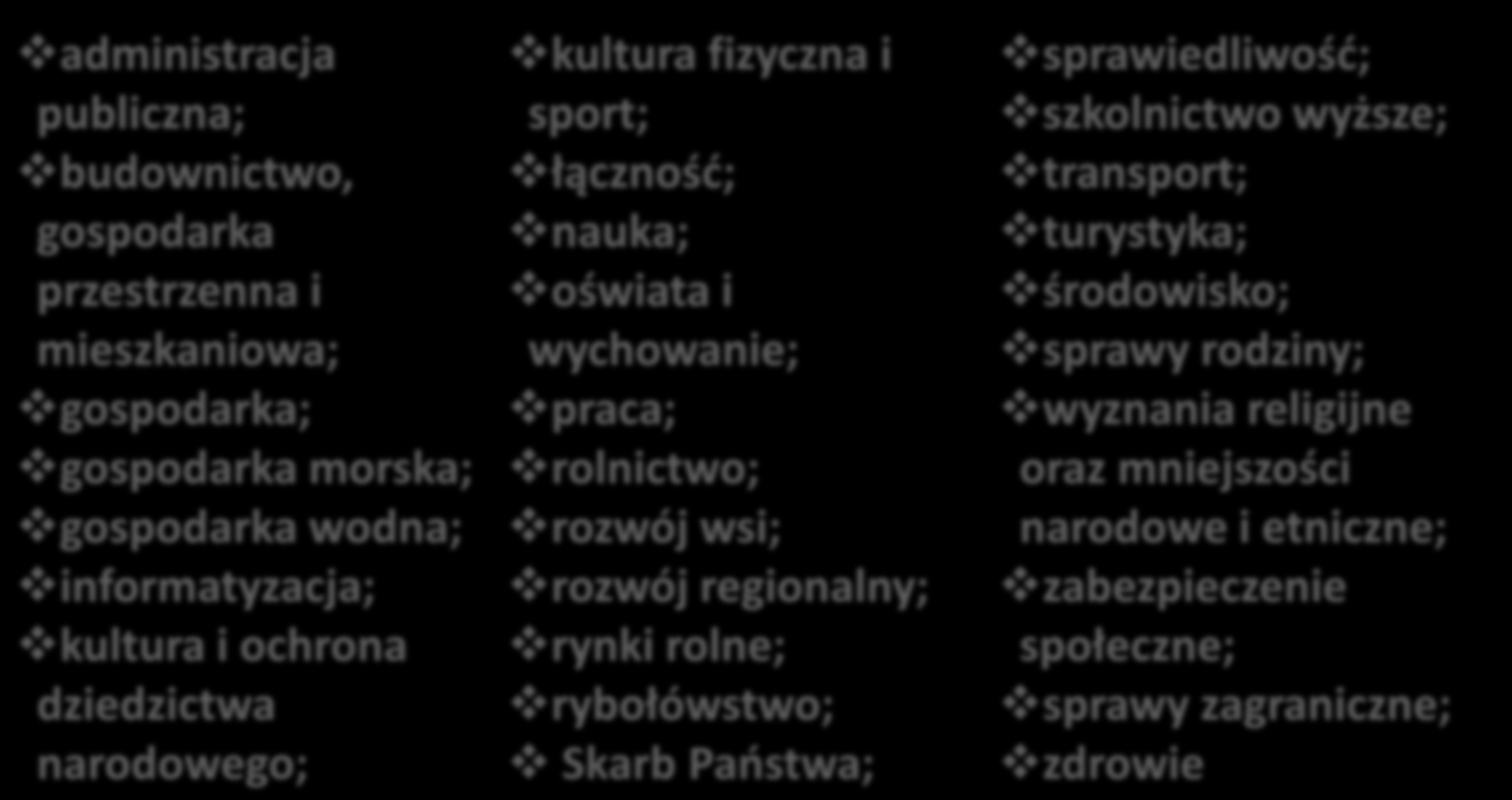 Swoboda kształtowania zakresu działania ministrów Budżet; finanse publiczne; instytucje finansowe. Członkostwo RP w UE; sprawy Zagraniczne.