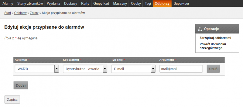 9.2 Przypisywanie akcji do alarmów W systemie istnieje możliwość wykonywania określonych akcji w momencie pojawienia się alarmu.