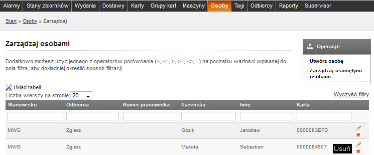 Polami obowiązkowymi jest Imię i Nazwisko. Użytkownik, który ma uprawnienia supervisora ma możliwość utworzenia osoby, która nie jest przypisana do żadnego odbiorcy.