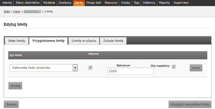 Zapisz. Aby edytować wartość limitów, należy wprowadzać zmiany bezpośrednio w informacjach o limicie. Po zakończeniu edycji należy kliknąć przycisk Zapisz.