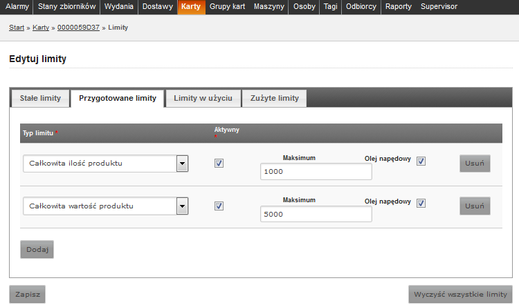 Aby edytować wartość limitów, należy wprowadzać zmiany bezpośrednio w informacjach o limicie. Nie ma możliwości edycji typu limitu i produktów przypisanych do limitów.