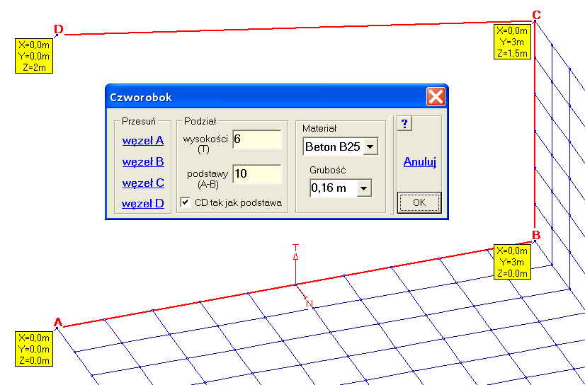 ABC 6.2 Obiekt3D Na planszy definicji naleŝy podać wysokość równoległoboku i kąt przy podstawie z wierzchołkiem w punkcie B. W polu Podział moŝna wpisać podział wysokości.