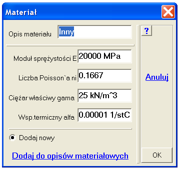 ABC 6.2 Obiekt3D C8. Dane materiałowe W odróŝnieniu od modeli prętowych, w których moŝna było prowadzić obliczenia bez zadania danych materiałowych, w obiektach materiał musi być wprowadzony.