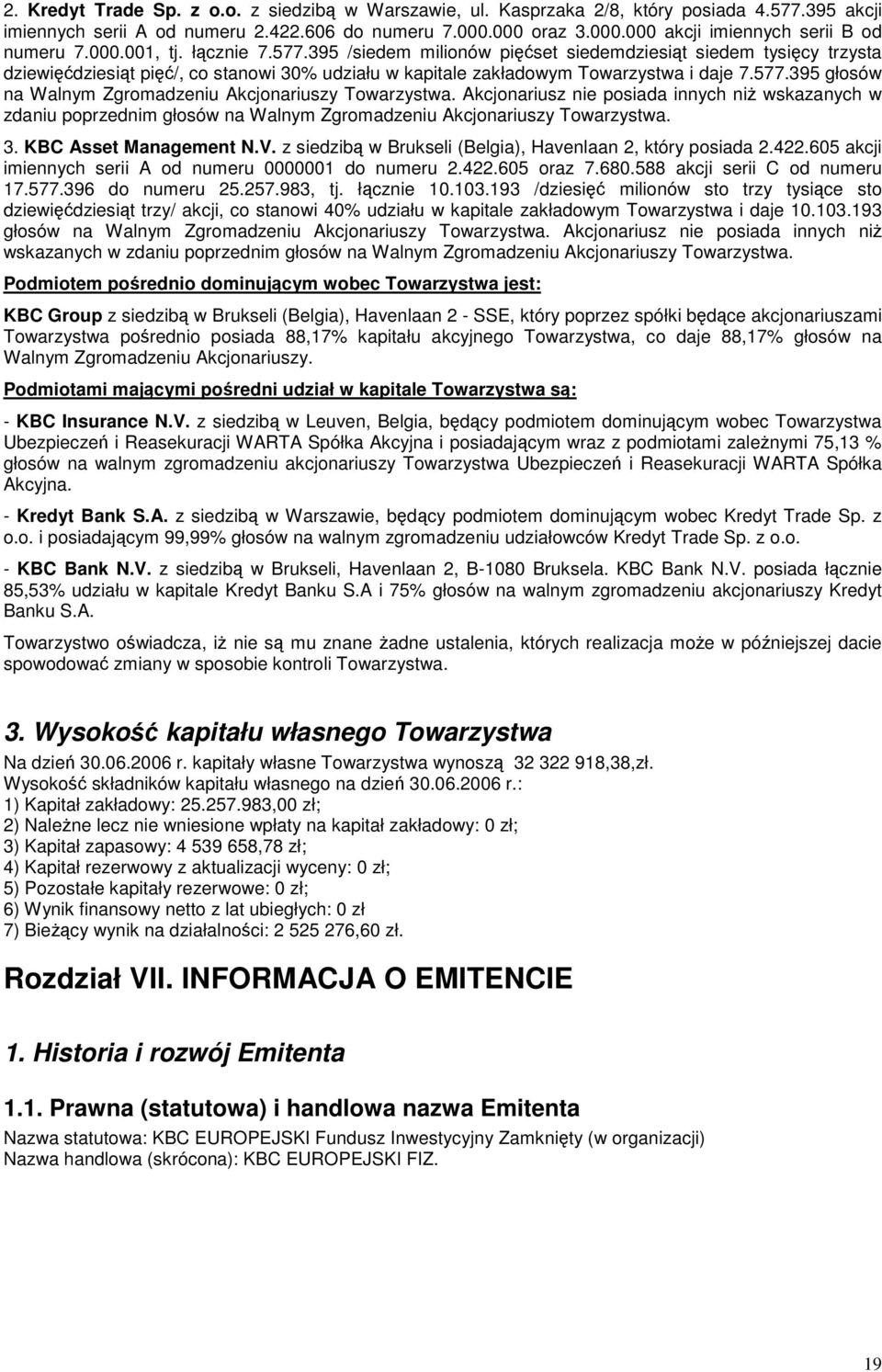 Akcjonariusz nie posiada innych ni wskazanych w zdaniu poprzednim głosów na Walnym Zgromadzeniu Akcjonariuszy Towarzystwa. 3. KBC Asset Management N.V.