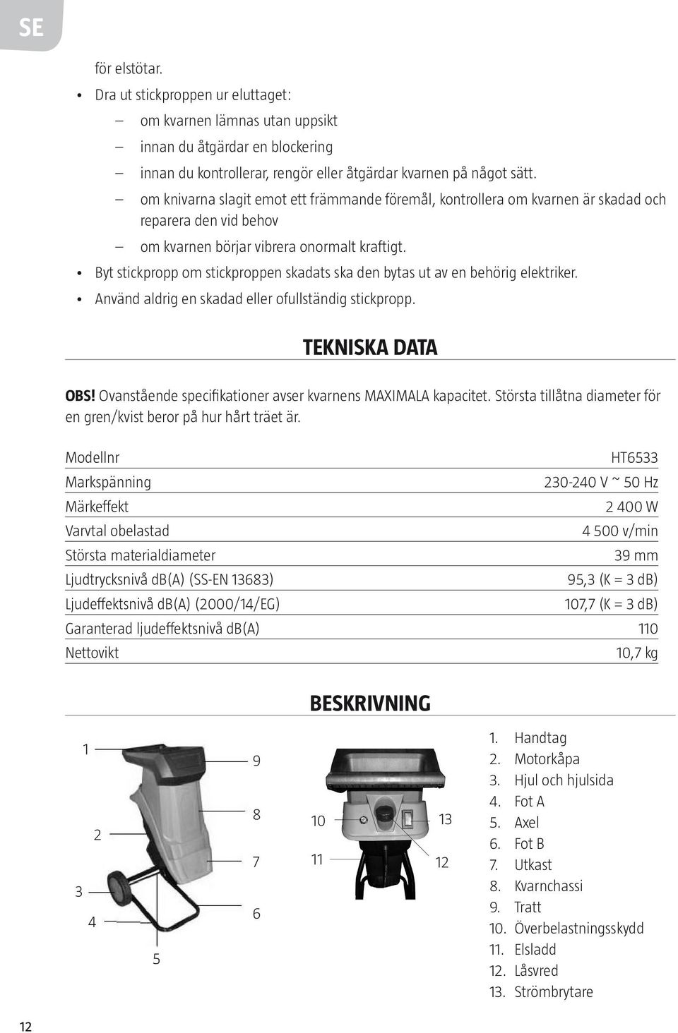 Byt stickpropp om stickproppen skadats ska den bytas ut av en behörig elektriker. Använd aldrig en skadad eller ofullständig stickpropp. TEKNISKA DATA OBS!