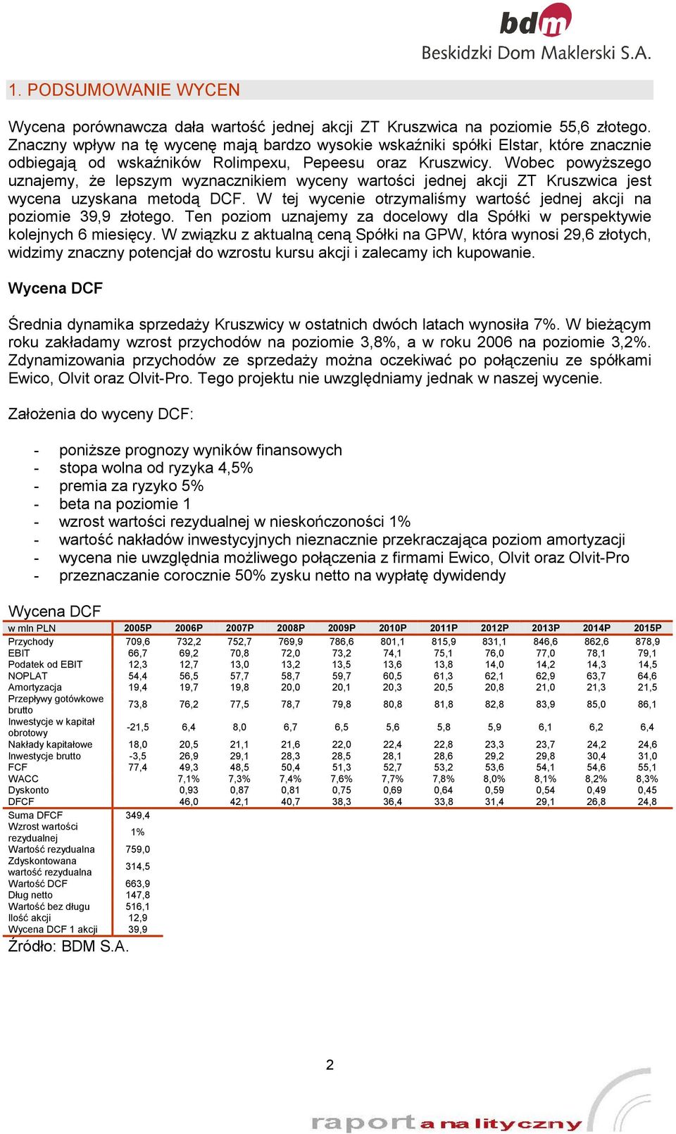 Wobec powyższego uznajemy, że lepszym wyznacznikiem wyceny wartości jednej akcji ZT Kruszwica jest wycena uzyskana metodą DCF. W tej wycenie otrzymaliśmy wartość jednej akcji na poziomie 39,9 złotego.