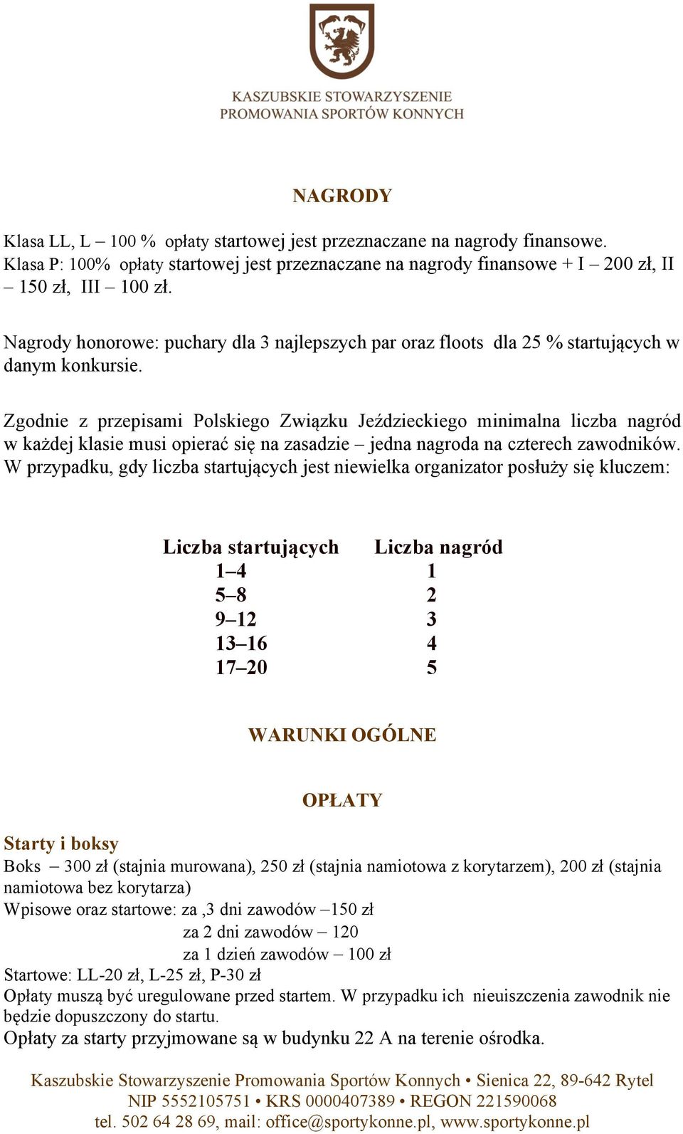 Zgodnie z przepisami Polskiego Związku Jeździeckiego minimalna liczba nagród w każdej klasie musi opierać się na zasadzie jedna nagroda na czterech zawodników.