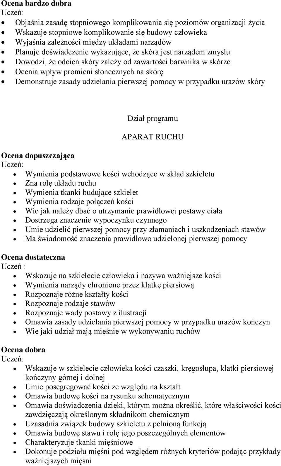 pierwszej pomocy w przypadku urazów skóry Dział programu APARAT RUCHU Ocena dopuszczająca Wymienia podstawowe kości wchodzące w skład szkieletu Zna rolę układu ruchu Wymienia tkanki budujące szkielet