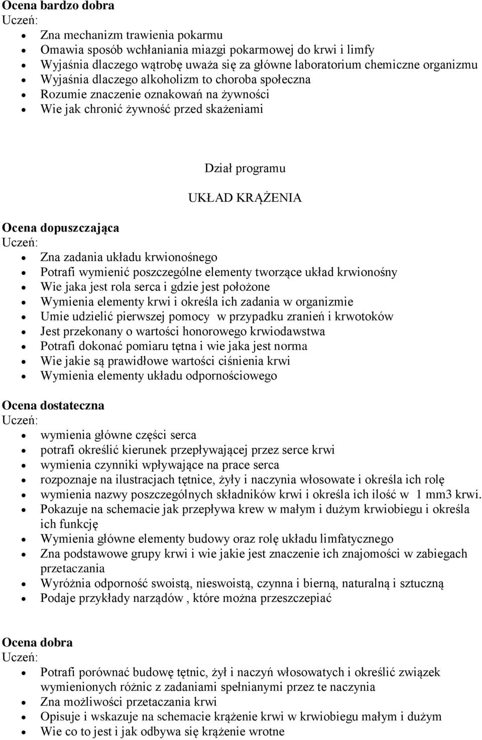 krwionośnego Potrafi wymienić poszczególne elementy tworzące układ krwionośny Wie jaka jest rola serca i gdzie jest położone Wymienia elementy krwi i określa ich zadania w organizmie Umie udzielić