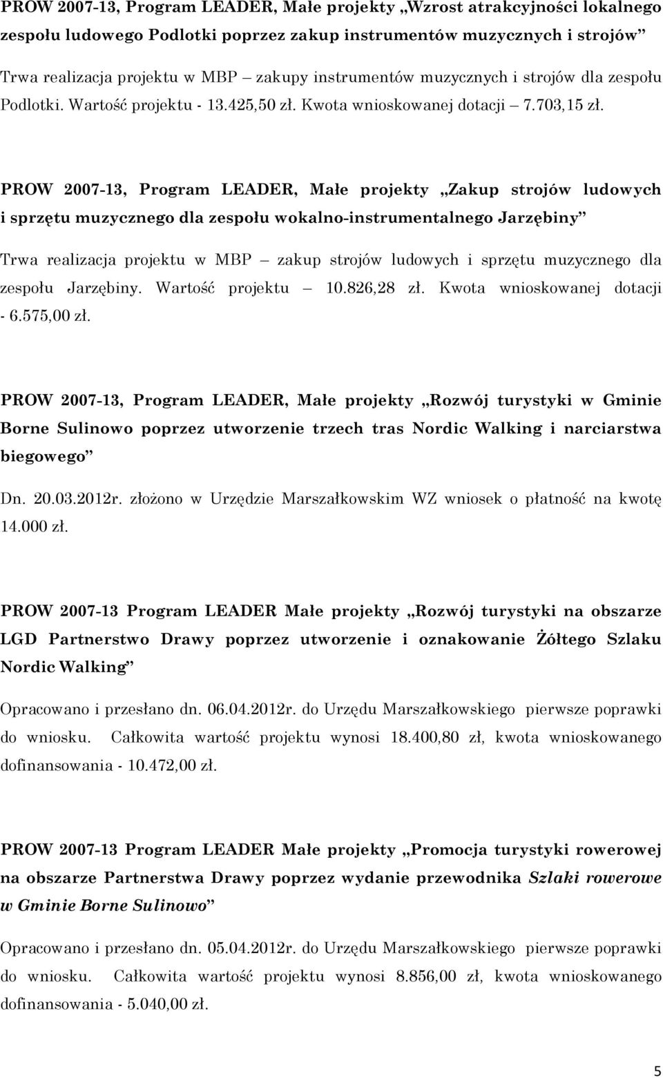 PROW 2007-13, Program LEADER, Małe projekty Zakup strojów ludowych i sprzętu muzycznego dla zespołu wokalno-instrumentalnego Jarzębiny Trwa realizacja projektu w MBP zakup strojów ludowych i sprzętu