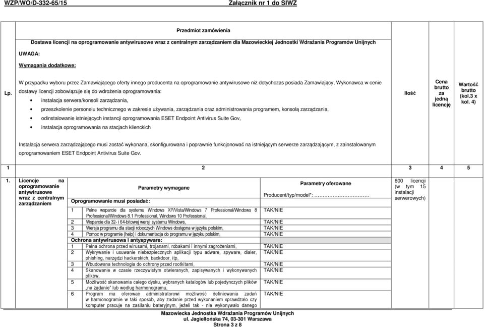 oprogramowania: instalacja serwera/konsoli zarządzania, przeszkolenie personelu technicznego w zakresie używania, zarządzania oraz administrowania programem, konsolą zarządzania, Ilość Cena brutto za