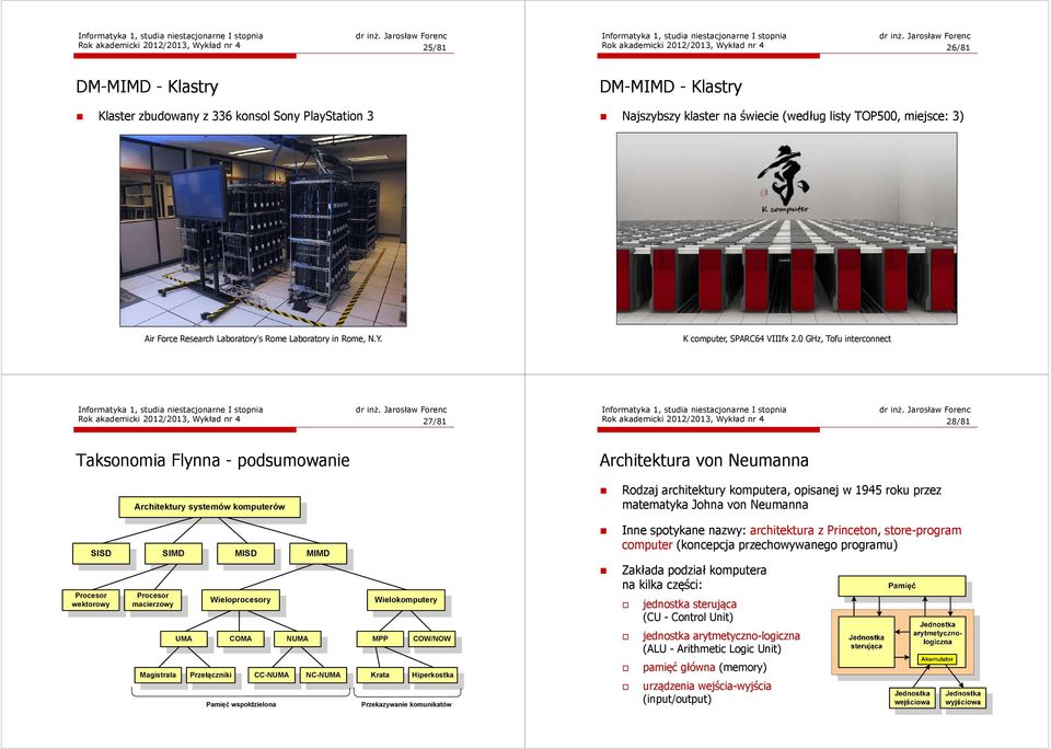 0 GHz, Tofu interconnect Rok akademicki 2012/2013, Wykład nr 4 27/81 Rok akademicki 2012/2013, Wykład nr 4 28/81 Taksonomia Flynna - podsumowanie Architektura von Neumanna Procesor wektorowy