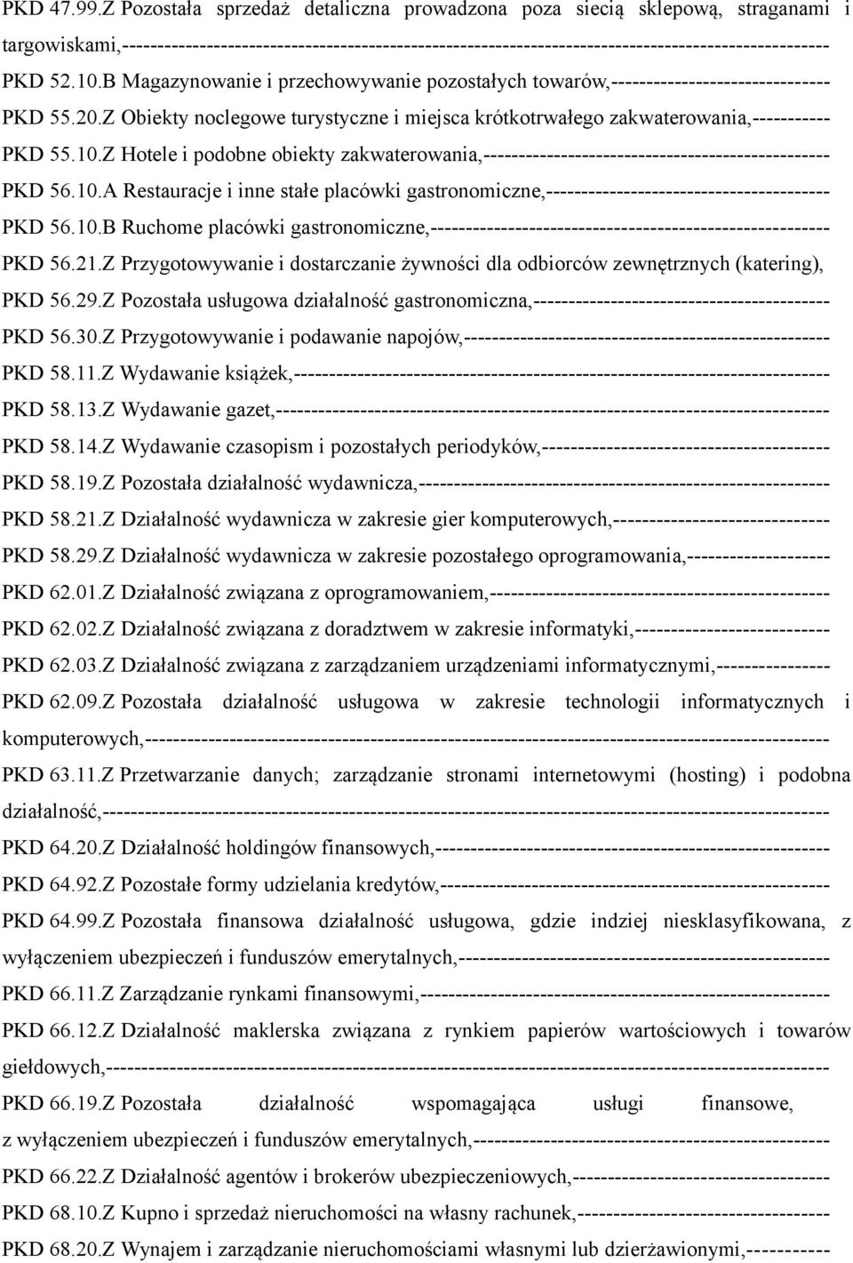 10.B Magazynowanie i przechowywanie pozostałych towarów,------------------------------- PKD 55.20.Z Obiekty noclegowe turystyczne i miejsca krótkotrwałego zakwaterowania,----------- PKD 55.10.Z Hotele i podobne obiekty zakwaterowania,------------------------------------------------- PKD 56.