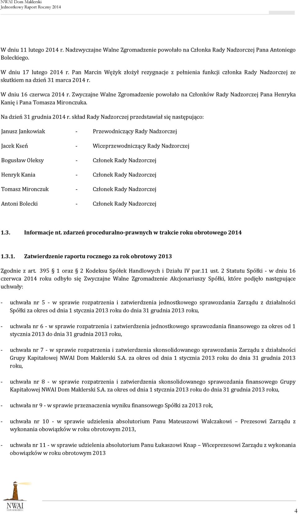 Zwyczajne Walne Zgromadzenie powołało na Członków Rady Nadzorczej Pana Henryka Kanię i Pana Tomasza Mironczuka. Na dzień 31 grudnia 2014 r.