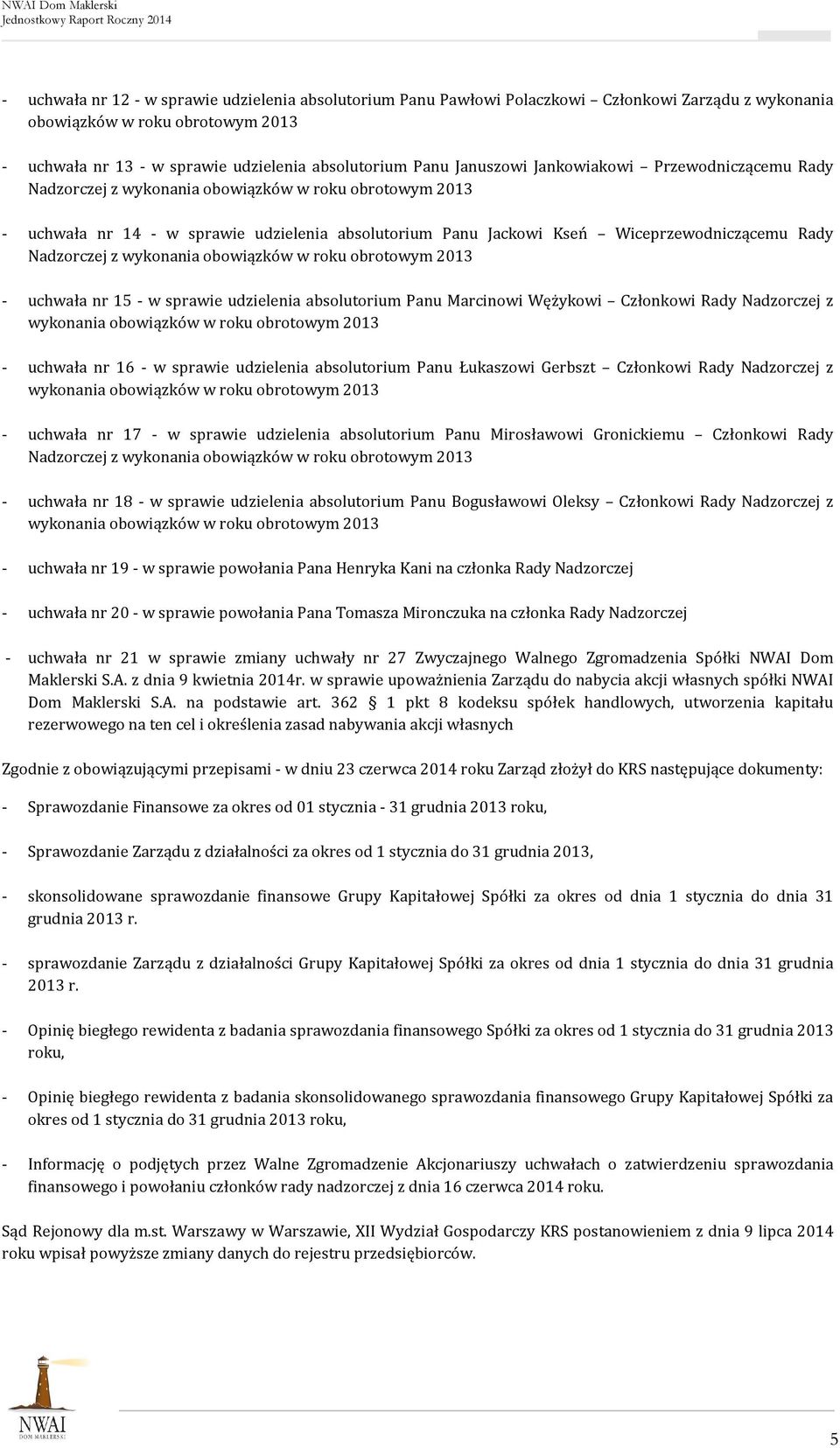 Nadzorczej z wykonania obowiązków w roku obrotowym 2013 - uchwała nr 15 - w sprawie udzielenia absolutorium Panu Marcinowi Wężykowi Członkowi Rady Nadzorczej z wykonania obowiązków w roku obrotowym