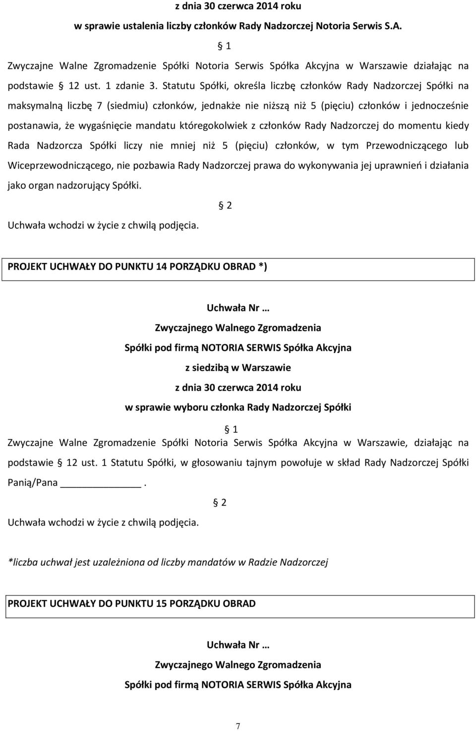 Statutu Spółki, określa liczbę członków Rady Nadzorczej Spółki na maksymalną liczbę 7 (siedmiu) członków, jednakże nie niższą niż 5 (pięciu) członków i jednocześnie postanawia, że wygaśnięcie mandatu