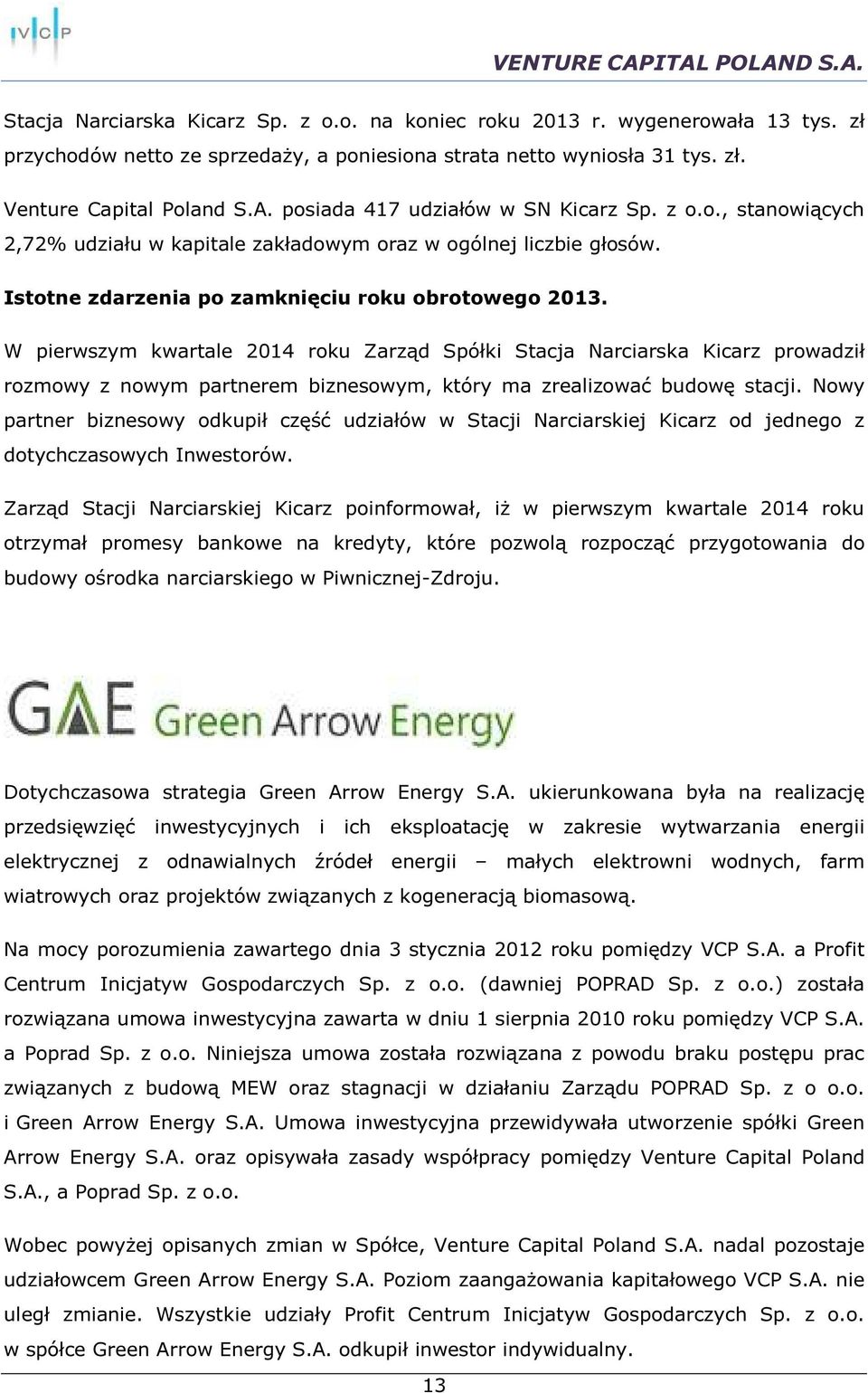 W pierwszym kwartale 2014 roku Zarząd Spółki Stacja Narciarska Kicarz prowadził rozmowy z nowym partnerem biznesowym, który ma zrealizować budowę stacji.