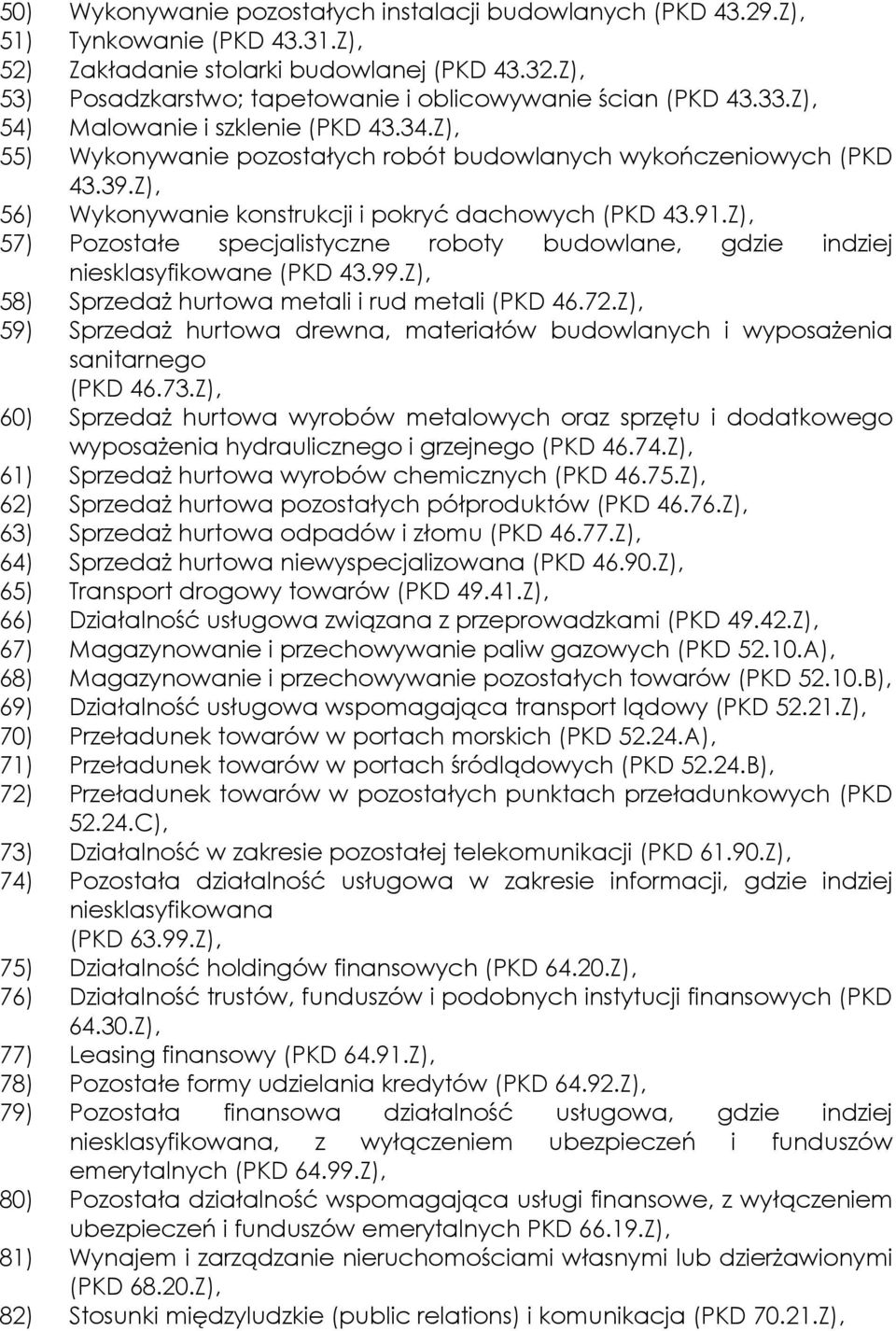 Z), 56) Wykonywanie konstrukcji i pokryć dachowych (PKD 43.91.Z), 57) Pozostałe specjalistyczne roboty budowlane, gdzie indziej niesklasyfikowane (PKD 43.99.