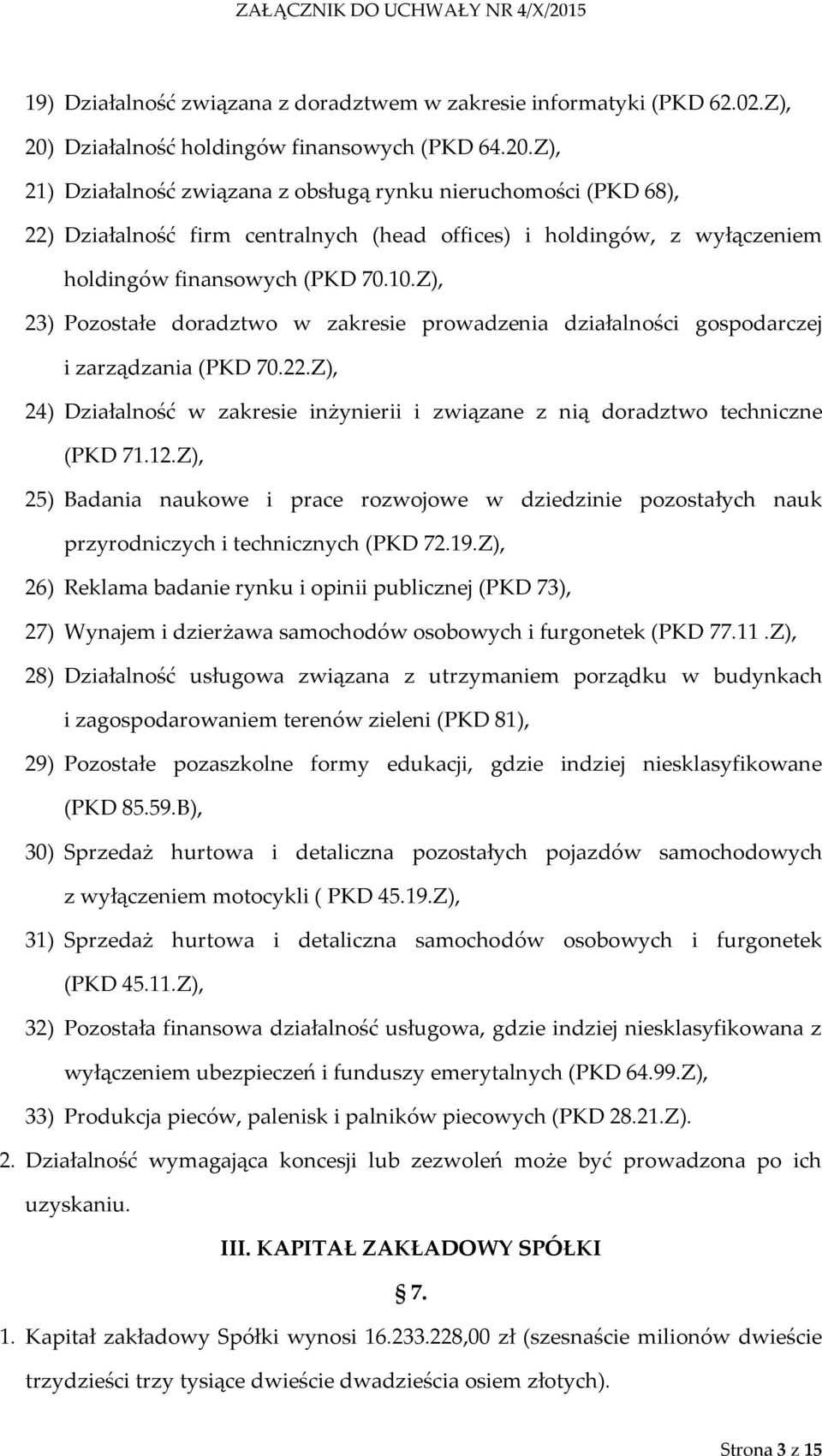 Z), 21) Działalność związana z obsługą rynku nieruchomości (PKD 68), 22) Działalność firm centralnych (head offices) i holdingów, z wyłączeniem holdingów finansowych (PKD 70.10.