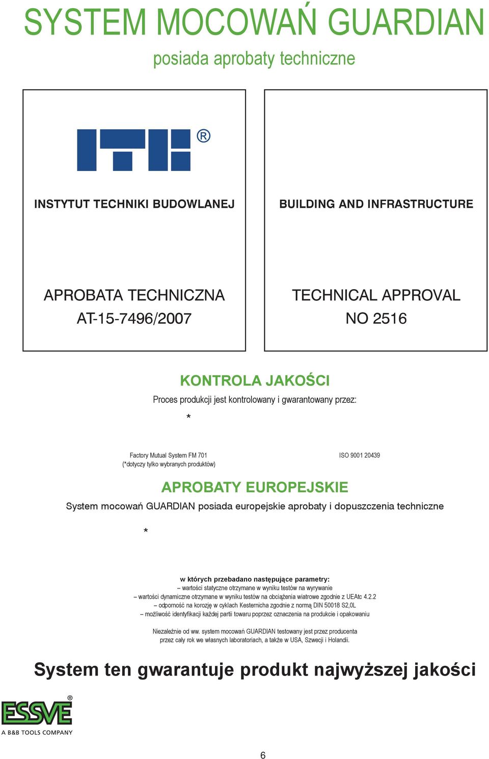 aprobaty i dopuszczenia techniczne * w których przebadano następujące parametry: wartości statyczne otrzymane w wyniku testów na wyrywanie wartości dynamiczne otrzymane w wyniku testów na obciążenia