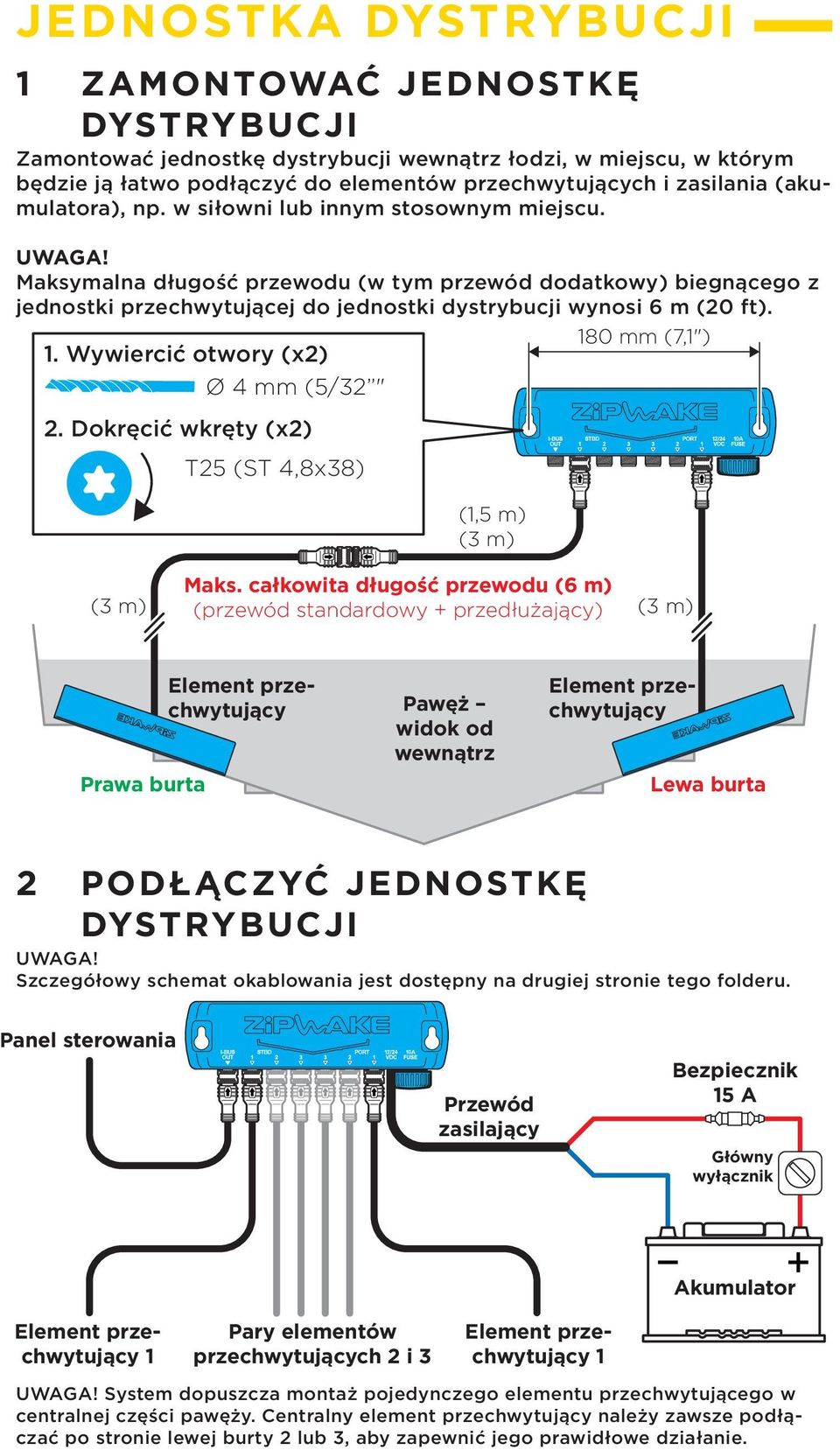 Maksymalna długość przewodu (w tym przewód dodatkowy) biegnącego z jednostki przechwytującej do jednostki dystrybucji wynosi 6 m (20 ft). 180 mm (7,1") 1. Wywiercić otwory (x2) Ø 4 mm (5/32 " 2.