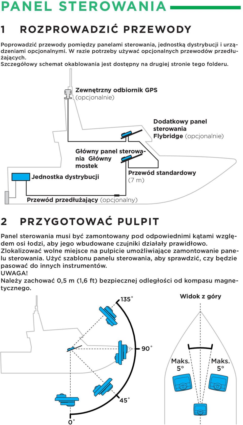 Zewnętrzny odbiornik GPS (opcjonalnie) Dodatkowy panel sterowania Flybridge (opcjonalnie) Główny panel sterowania Główny mostek Przewód standardowy Jednostka dystrybucji (7 m) Przewód przedłużający