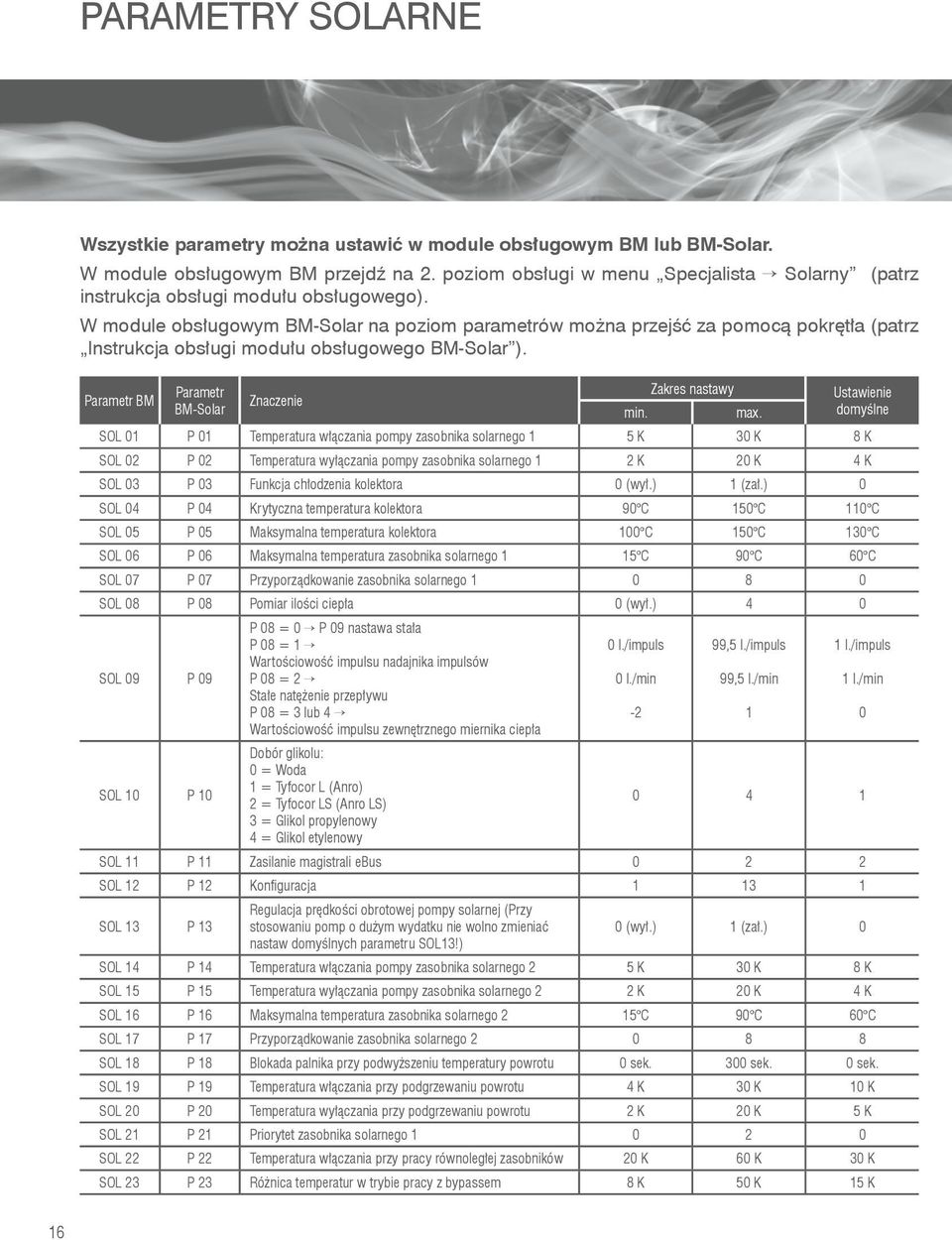 W module obsługowym BM-Solar na poziom parametrów można przejść za pomocą pokrętła (patrz Instrukcja obsługi modułu obsługowego BM-Solar ).