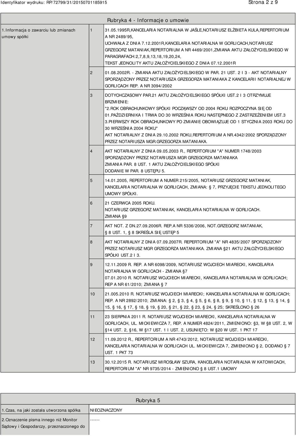 2001R,KANCELARIA NOTARIALNA W GORLICACH,NOTARIUSZ GRZEGORZ MATANIAK,REPERTORIUM A NR 4469/2001,ZMIANA AKTU ZAŁOŻYCIELSKIEGO W PARAGRAFACH:2,7,8,9,13,18,19,20,24, TEKST JEDNOLITY AKTU ZAŁOŻYCIELSKIEGO