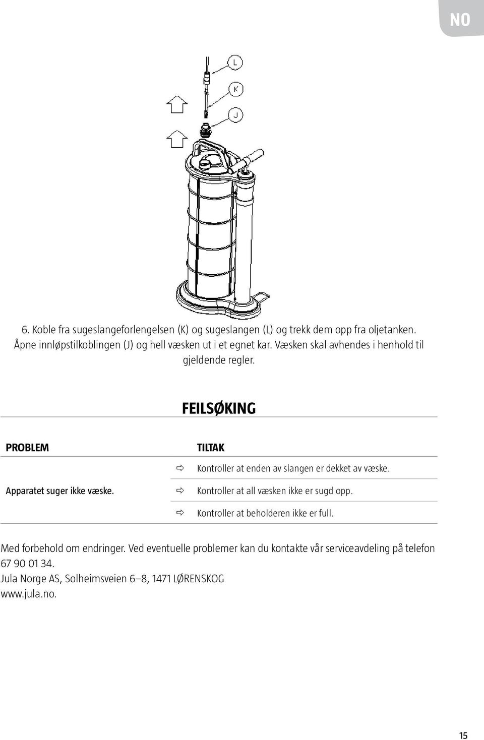 FEILSØKING PROBLEM Apparatet suger ikke væske. ð ð ð TILTAK Kontroller at enden av slangen er dekket av væske.