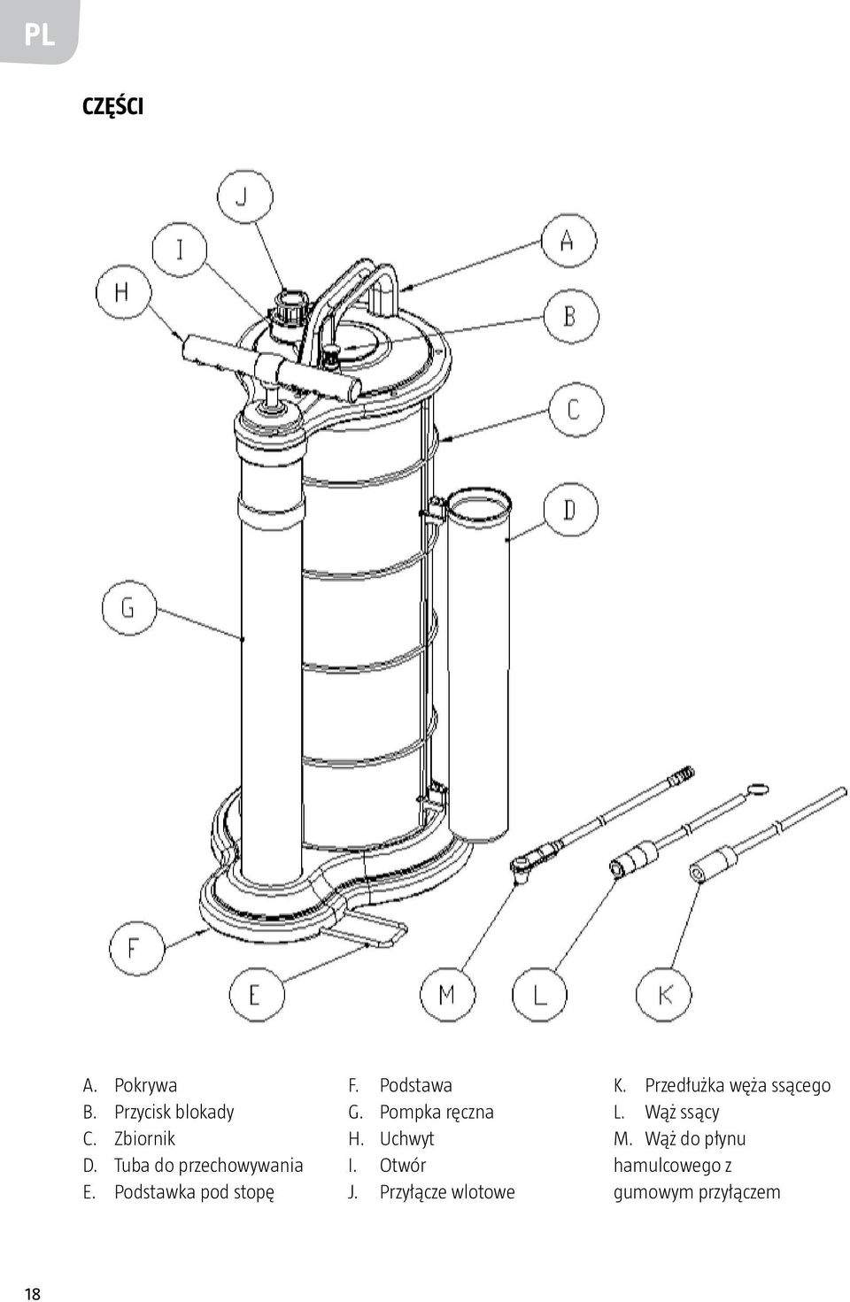 Pompka ręczna H. Uchwyt I. Otwór J. Przyłącze wlotowe K.