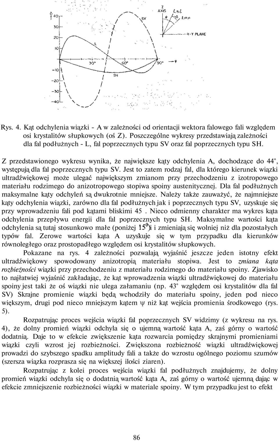 Z przedstawionego wykresu wynika, że największe kąty odchylenia A, dochodzące do 44, występują dla fal poprzecznych typu SV.