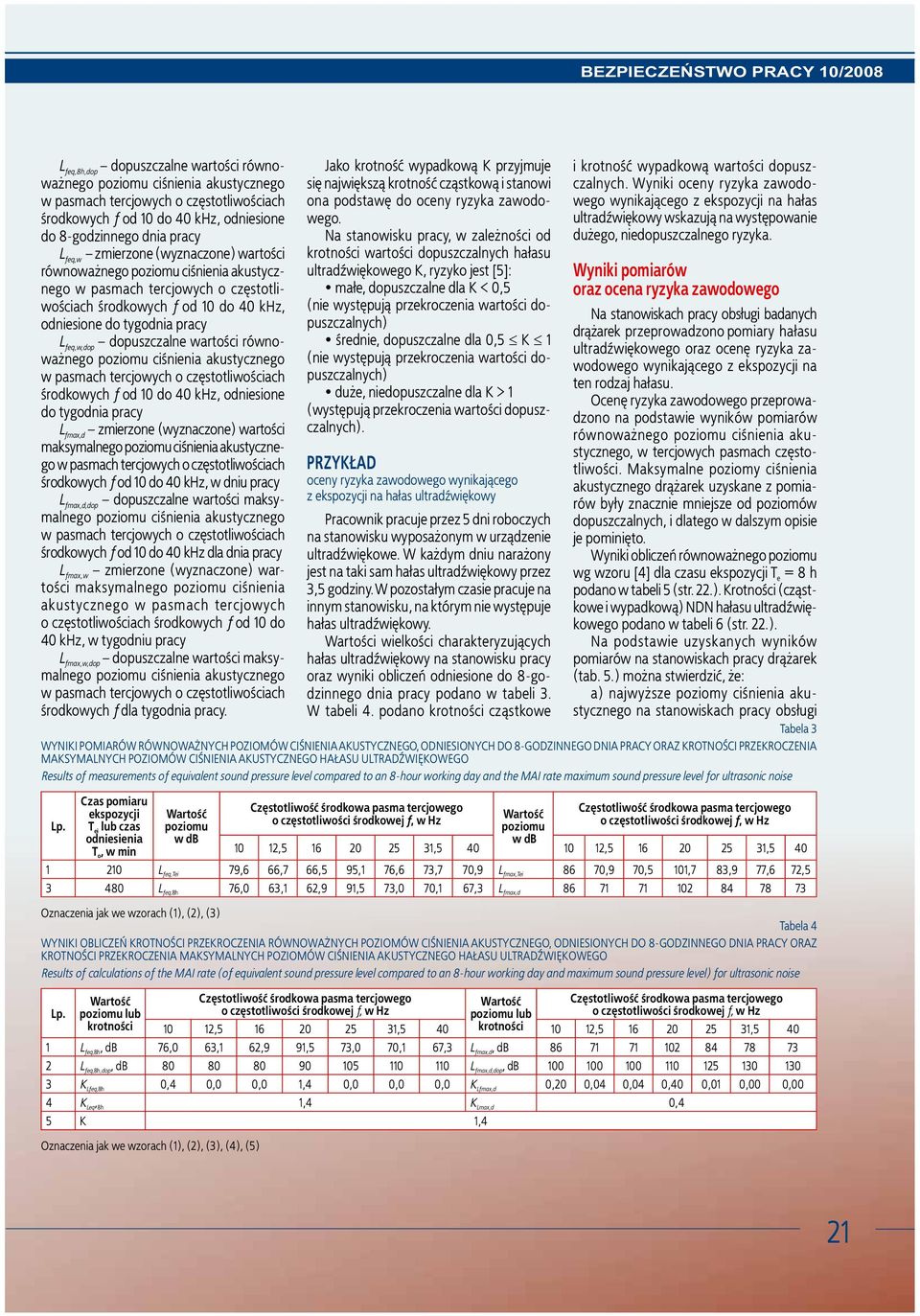 f od 10 do 40 khz, w dniu pracy L fmax,d,dop dopuszczalne wartości maksymalnego środkowych f od 10 do 40 khz dla dnia pracy L fmax,w zmierzone (wyznaczone) wartości maksymalnego poziomu ciśnienia