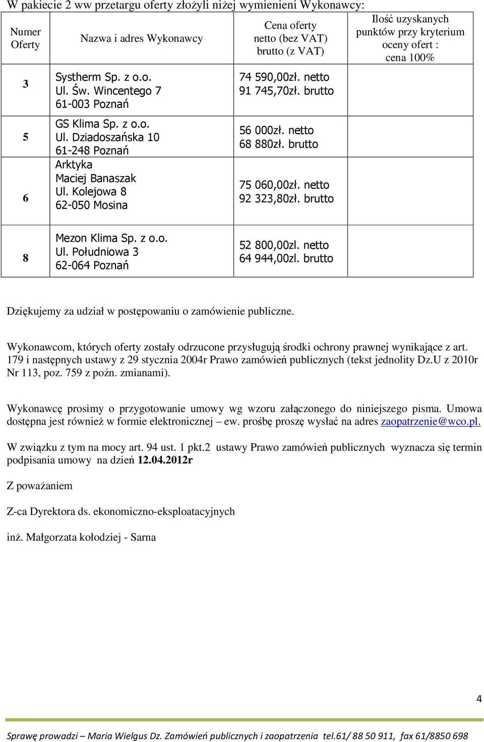 brutto Ilość uzyskanych punktów przy kryterium oceny ofert : cena 100% 8 Ul. Południowa 62-064 Poznań 2 800,00zl. netto 64 944,00zl. brutto Dziękujemy za udział w postępowaniu o zamówienie publiczne.