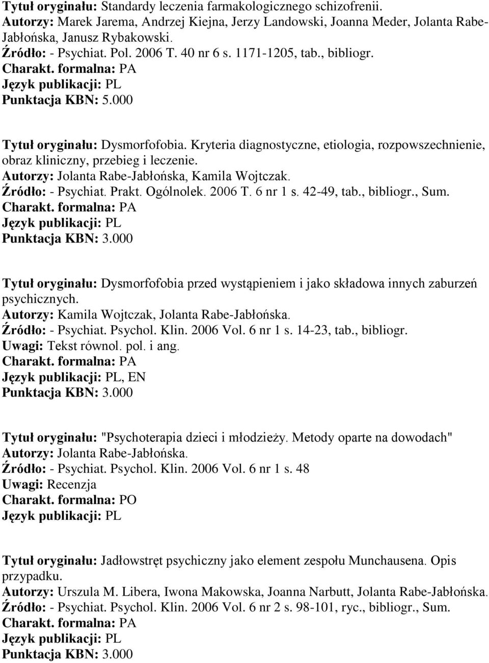 Kryteria diagnostyczne, etiologia, rozpowszechnienie, obraz kliniczny, przebieg i leczenie. Autorzy: Jolanta Rabe-Jabłońska, Kamila Wojtczak. Źródło: - Psychiat. Prakt. Ogólnolek. 2006 T. 6 nr 1 s.