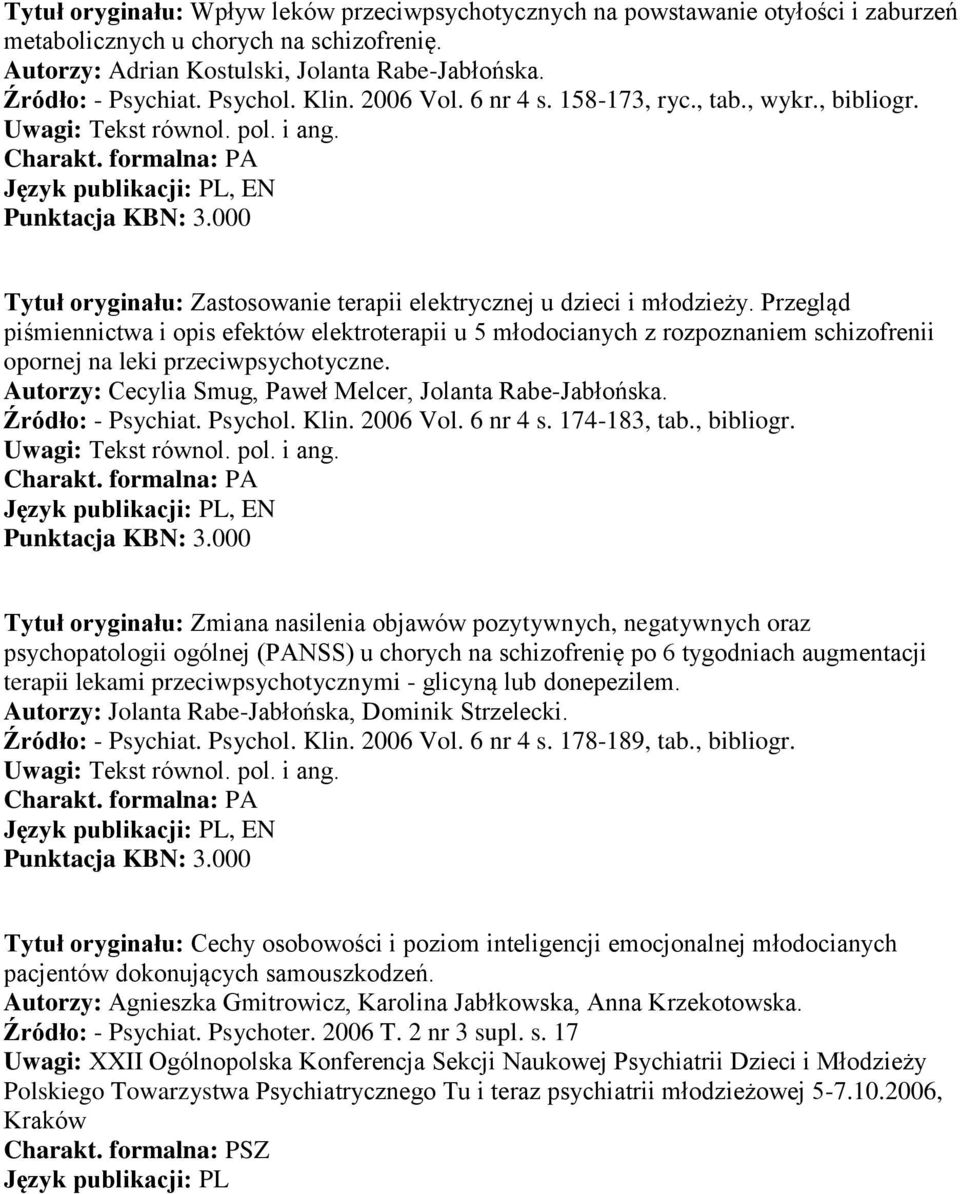 Przegląd piśmiennictwa i opis efektów elektroterapii u 5 młodocianych z rozpoznaniem schizofrenii opornej na leki przeciwpsychotyczne. Autorzy: Cecylia Smug, Paweł Melcer, Jolanta Rabe-Jabłońska.