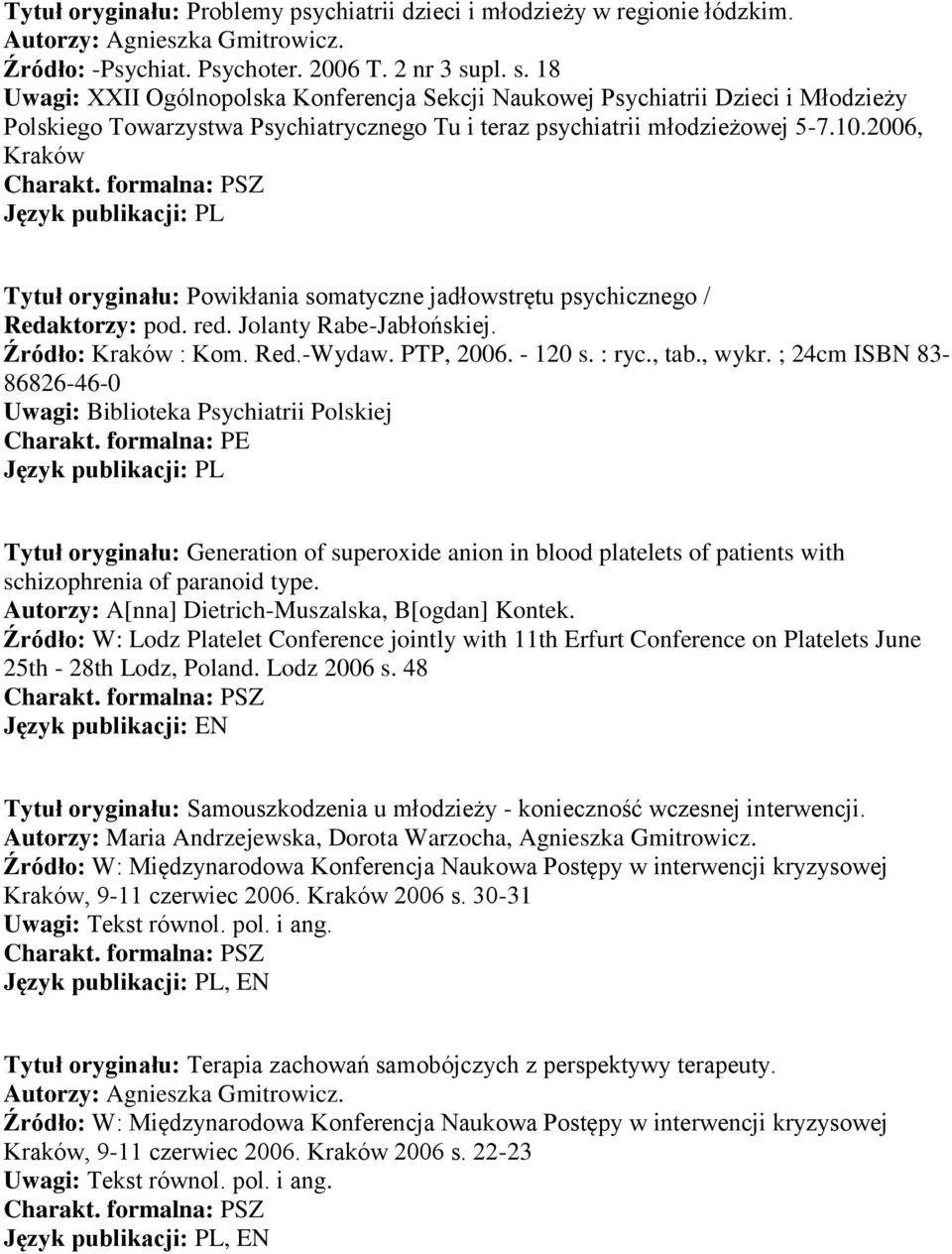 2006, Kraków Tytuł oryginału: Powikłania somatyczne jadłowstrętu psychicznego / Redaktorzy: pod. red. Jolanty Rabe-Jabłońskiej. Źródło: Kraków : Kom. Red.-Wydaw. PTP, 2006. - 120 s. : ryc., tab.