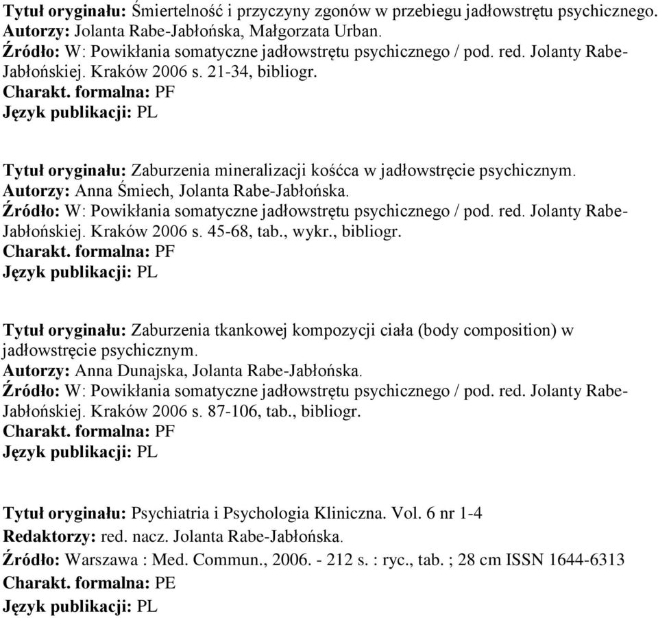 Tytuł oryginału: Zaburzenia tkankowej kompozycji ciała (body composition) w jadłowstręcie psychicznym. Autorzy: Anna Dunajska, Jolanta Rabe-Jabłońska. Jabłońskiej. Kraków 2006 s. 87-106, tab.