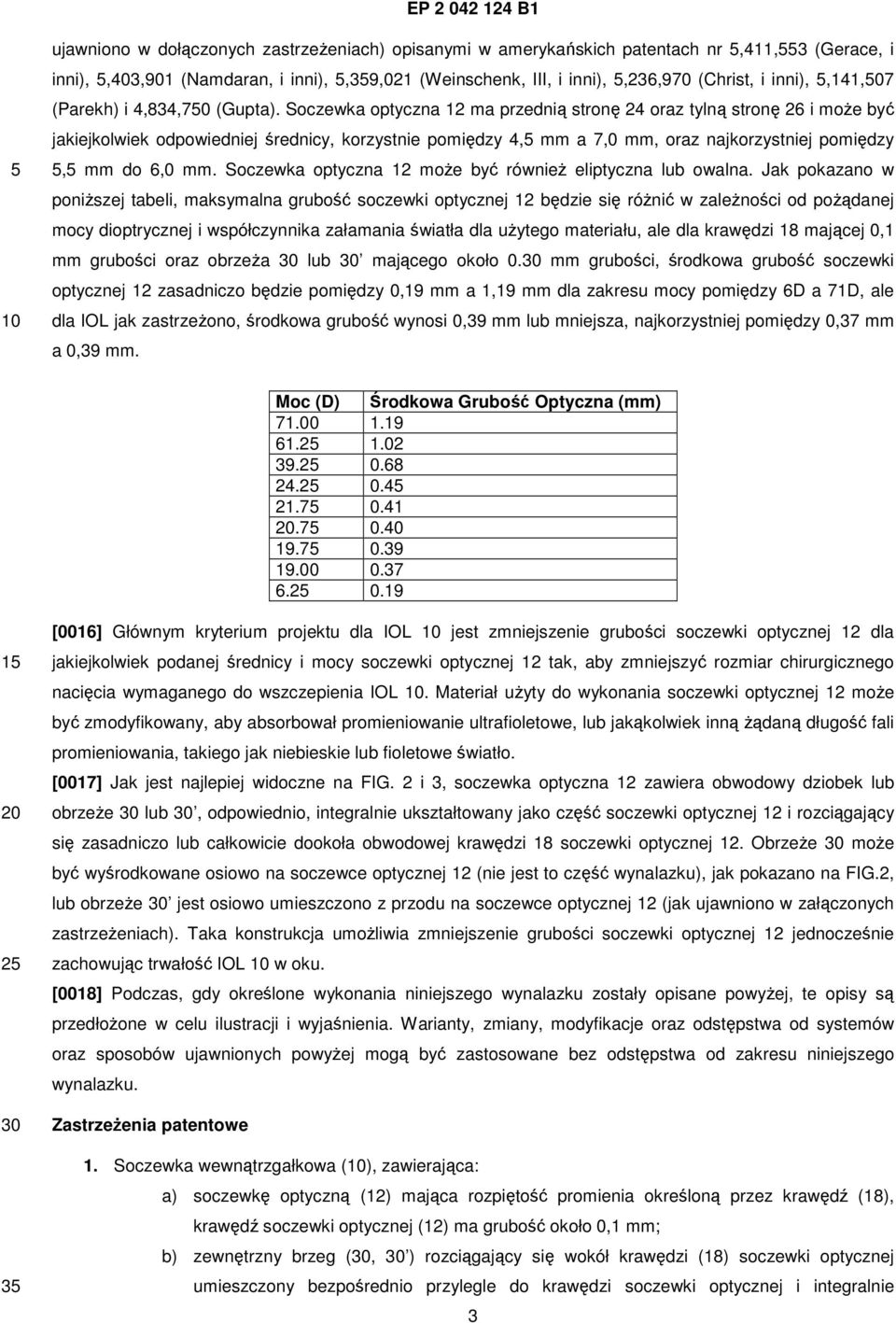 Soczewka optyczna 12 ma przednią stronę 24 oraz tylną stronę 26 i może być jakiejkolwiek odpowiedniej średnicy, korzystnie pomiędzy 4, mm a 7,0 mm, oraz najkorzystniej pomiędzy, mm do 6,0 mm.