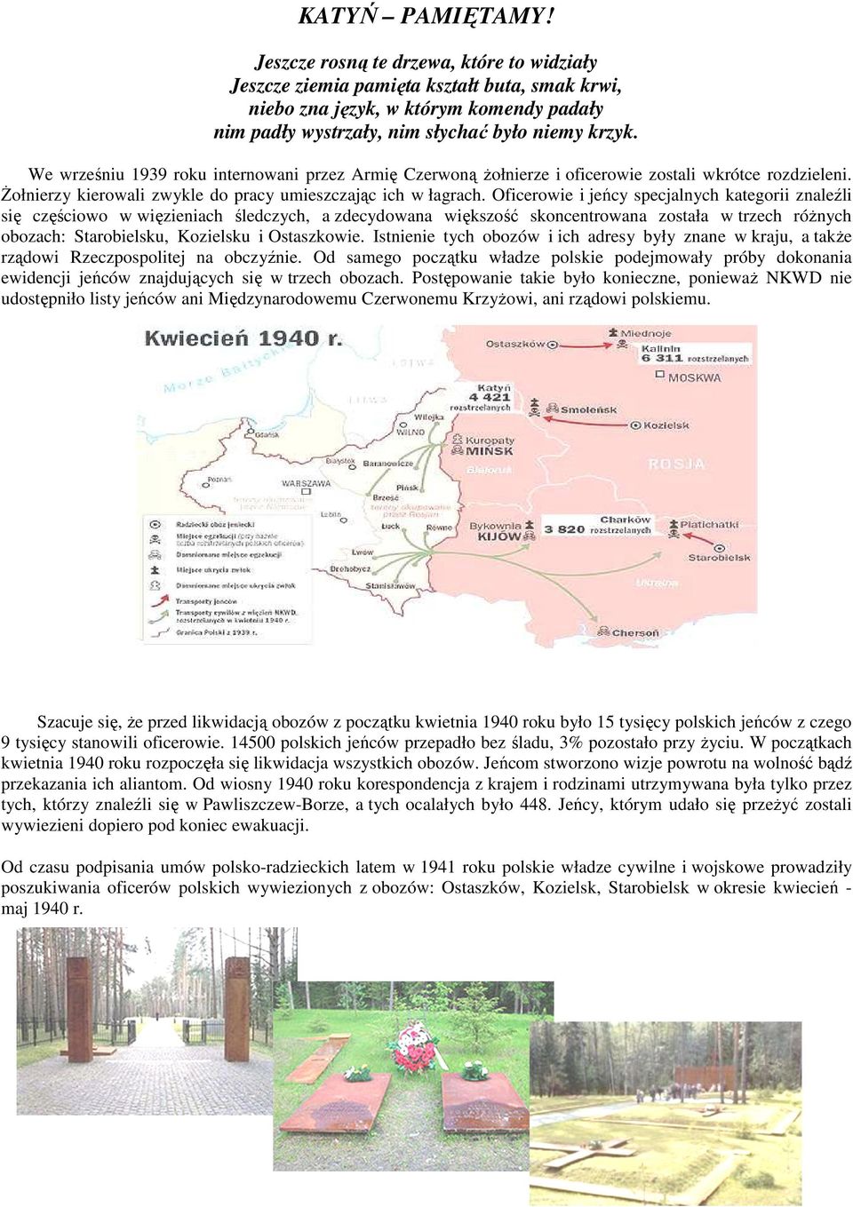 Oficerowie i jeńcy specjalnych kategorii znaleźli się częściowo w więzieniach śledczych, a zdecydowana większość skoncentrowana została w trzech różnych obozach: Starobielsku, Kozielsku i Ostaszkowie.