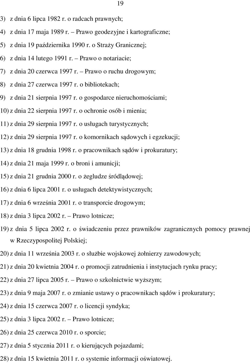 o gospodarce nieruchomościami; 10) z dnia 22 sierpnia 1997 r. o ochronie osób i mienia; 11) z dnia 29 sierpnia 1997 r. o usługach turystycznych; 12) z dnia 29 sierpnia 1997 r.