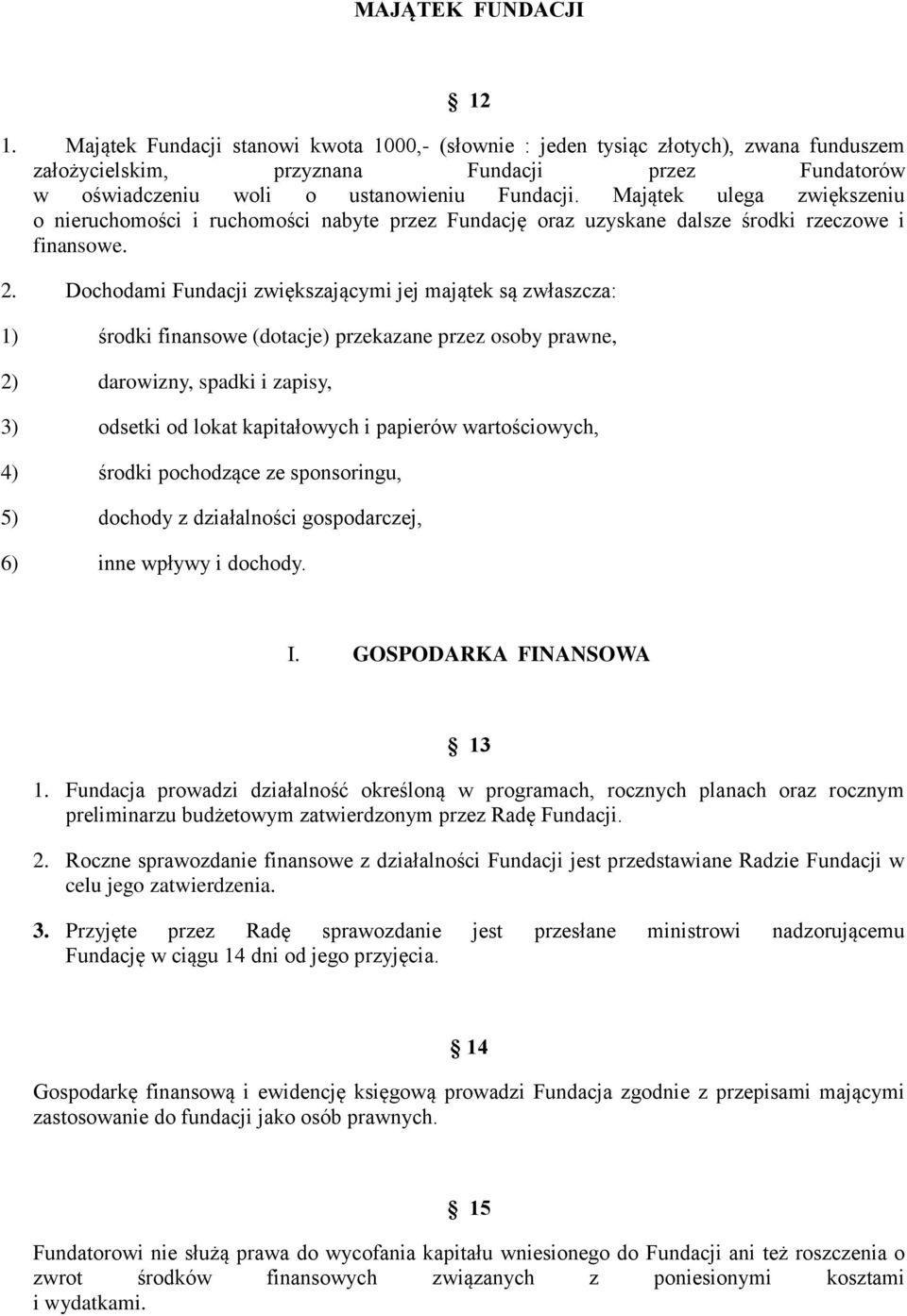 Majątek ulega zwiększeniu o nieruchomości i ruchomości nabyte przez Fundację oraz uzyskane dalsze środki rzeczowe i finansowe. 2.